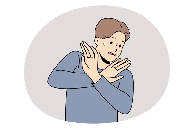 Stressed man showing stop crossed hands sign feeling no wish to do trying to prevent something  Illustration