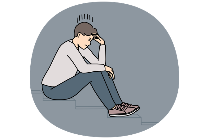 Stressed man sit on stairs thinking  Illustration