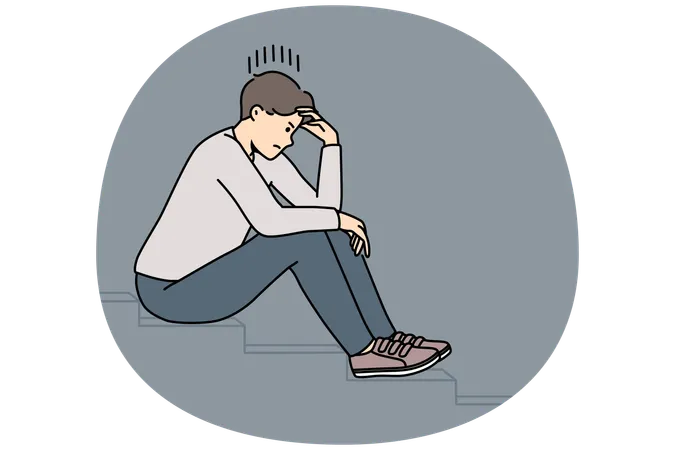 Stressed man sit on stairs thinking  Illustration