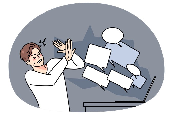 Stressed man suffer from negative comments on internet  Illustration