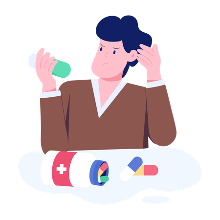 Stressed man talking pills  Illustration