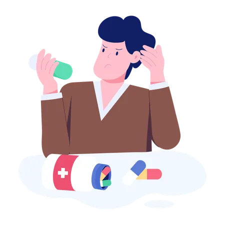 Stressed man talking pills  Illustration