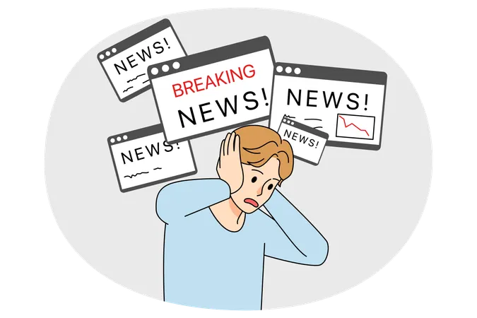 Stressed man tired of information and news  Illustration