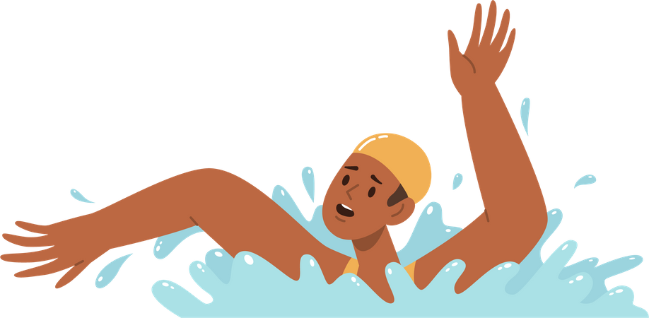 Stressed man wearing swimming hat drowning splashing in water asking for help  Illustration