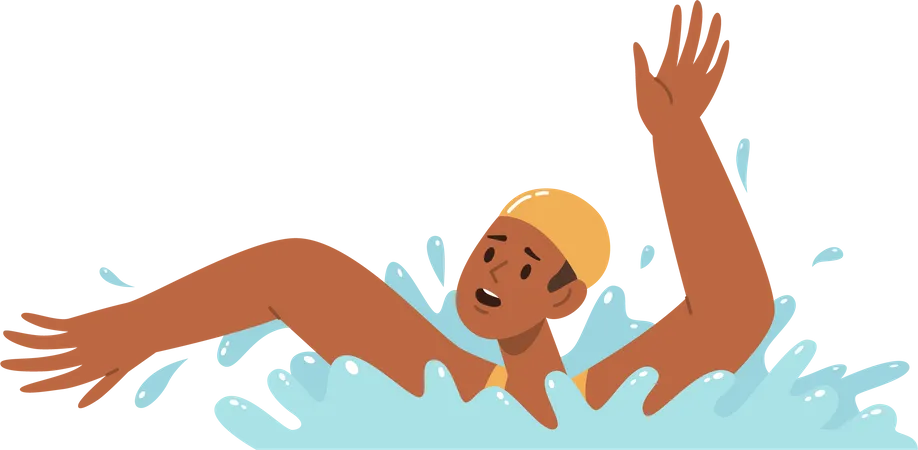 Stressed Young Man Character Wearing Swimming Hat Drowning Splashing Arms In Water Screaming Asking For Help Vector Illustration Unhappy Scared Male Feeling Panic And Rescue Emergency In Sea Or River Illustration