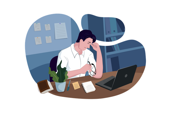 Stressed man with laptop in office  Illustration