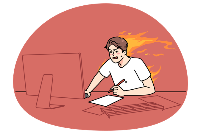 Stressed man work on computer with burning deadline  Illustration