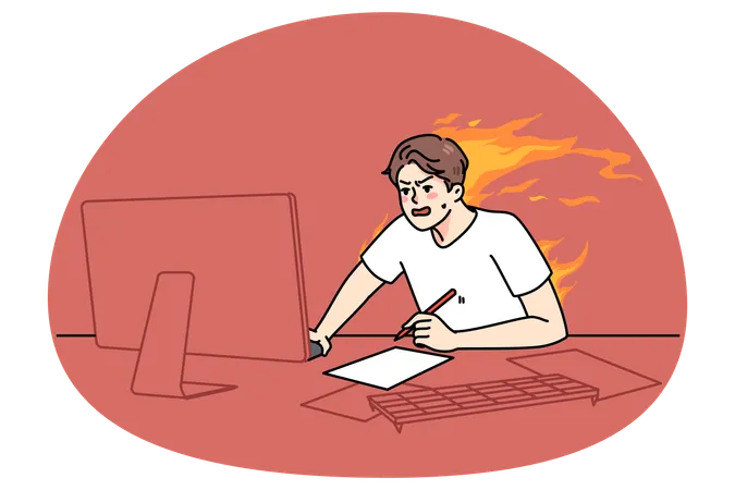 Stressed man work on computer with burning deadline  Illustration