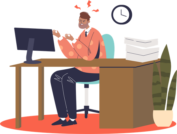 Stressed man working on computer  Illustration