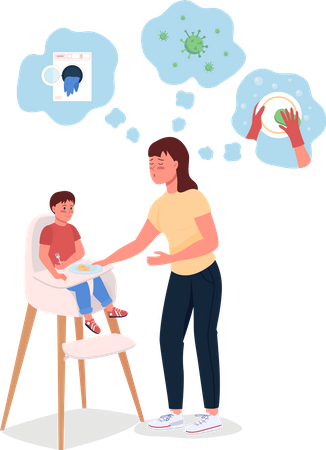 Stressed mother with baby in highchair Illustration