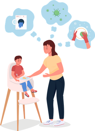 Stressed mother with baby in highchair  Illustration