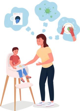 Stressed mother with baby in highchair  Illustration