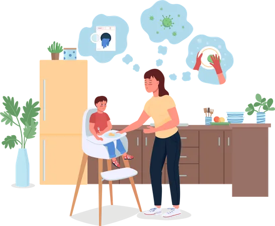 Stressed mother with baby in kitchen Illustration