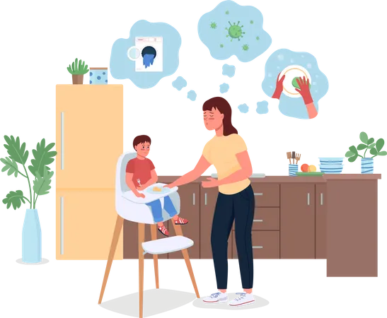 Stressed mother with baby in kitchen  Illustration