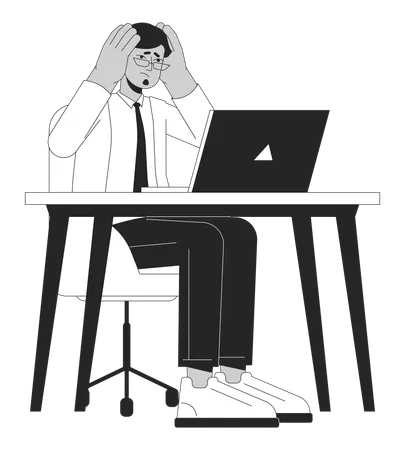 Stressed Out Indian Man At Workplace Black And White 2 D Line Cartoon Character Adult South Asian Male Office Worker Isolated Vector Outline Person Overload Monochromatic Flat Spot Illustration Illustration