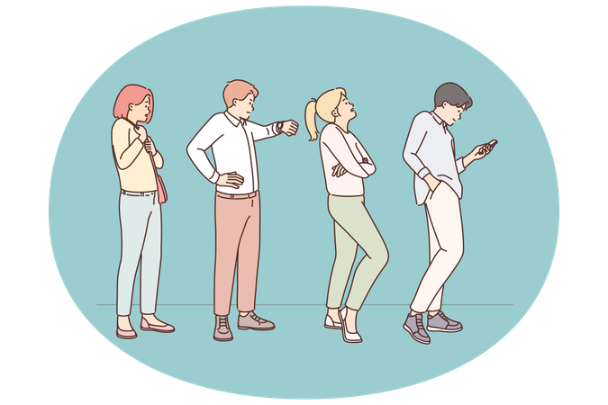 Stressed people wait in queue  Illustration