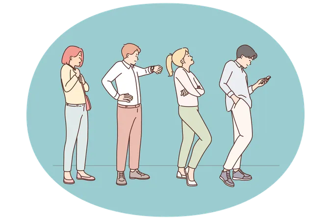 Stressed people wait in queue  Illustration