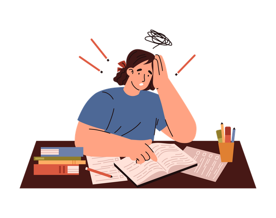 Stressed schoolgirl has difficulties in studies  Illustration