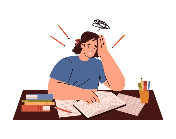 Stressed schoolgirl has difficulties in studies  Illustration