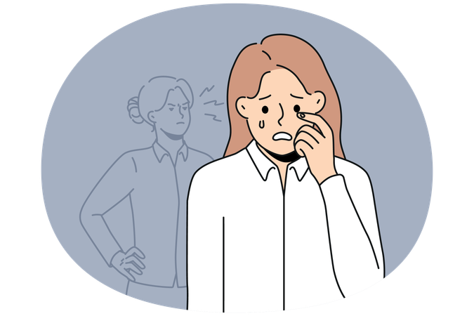 Stressed woman employee suffer from work bullying in office  Illustration