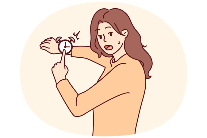 Stressed woman point at clock frustrated by deadline  Illustration