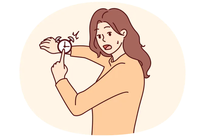 Stressed woman point at clock frustrated by deadline  Illustration