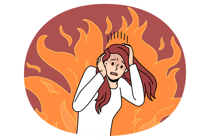 Stressed woman standing touching head having mental problems feeling scared afraid of fire  Illustration