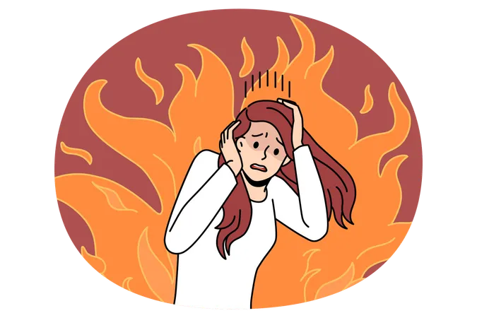 Stressed woman standing touching head having mental problems feeling scared afraid of fire  Illustration