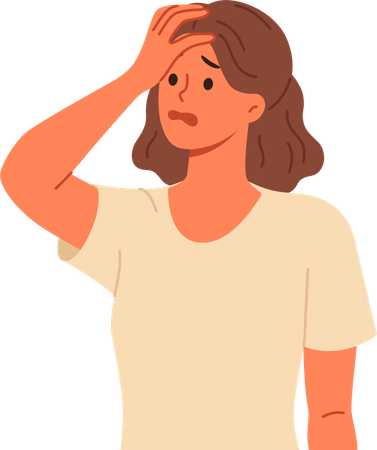 Stressed woman standing with hand on head  Illustration