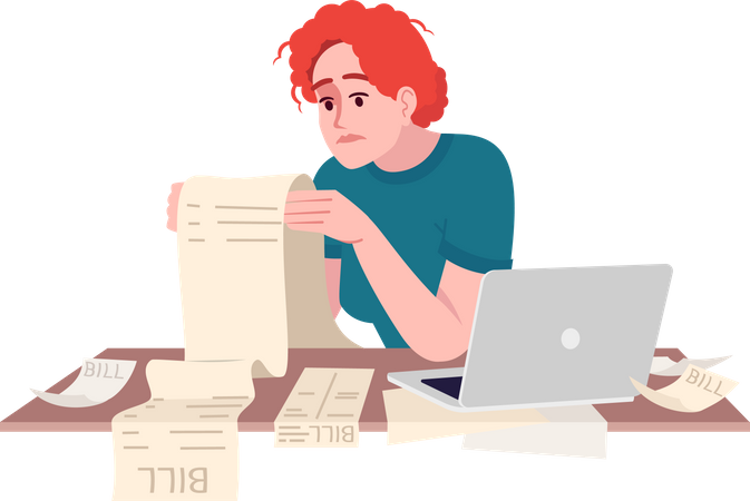 Stressed woman studying bill  Illustration