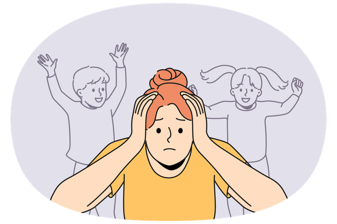 Stressed woman suffer from noisy kids  Illustration