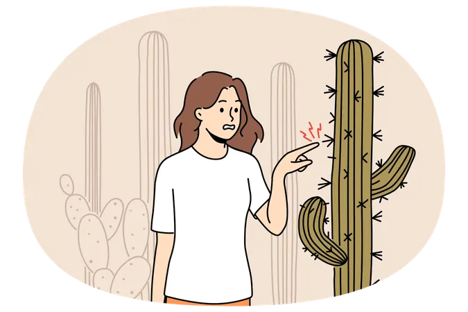 砂漠でサボテンに触れるストレスを抱えた女性  イラスト