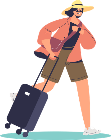 Stressed woman with suitcase run being late to airplane flight Illustration
