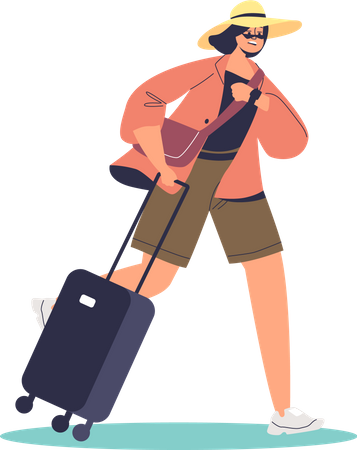 Stressed woman with suitcase run being late to airplane flight  Illustration