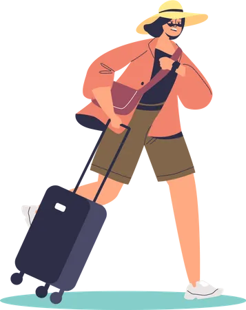 Stressed woman with suitcase run being late to airplane flight  Illustration