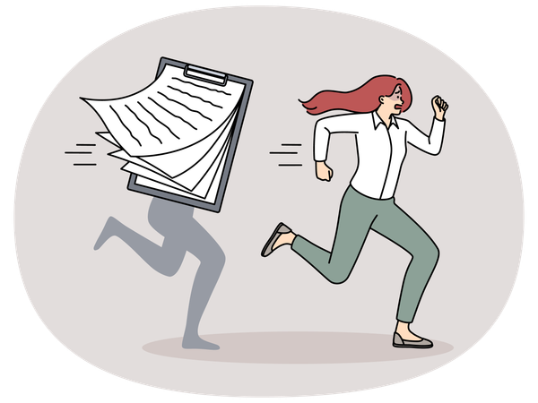 Stressed woman worker run from paperwork  Illustration