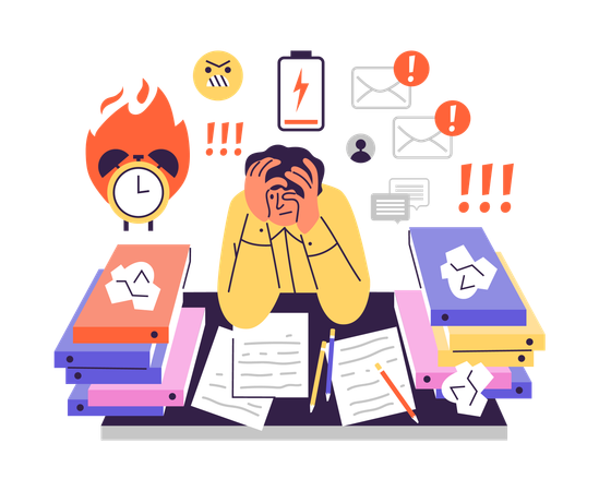 Stressed workaholic man covers face with hands  Illustration