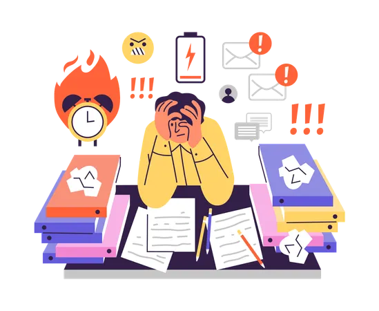Stressed workaholic man covers face with hands  Illustration