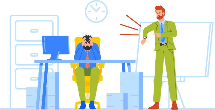 Stressed Worker Sitting at Office Desk Holding Head and Angry Boss Reminds of Time Loss  Illustration