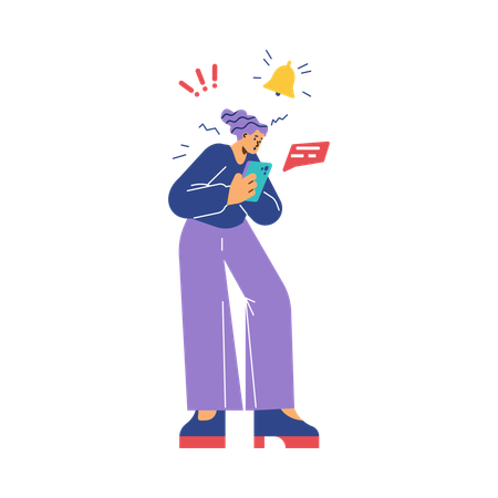 Stressed young girl holding mobile phone with many notifications  Illustration