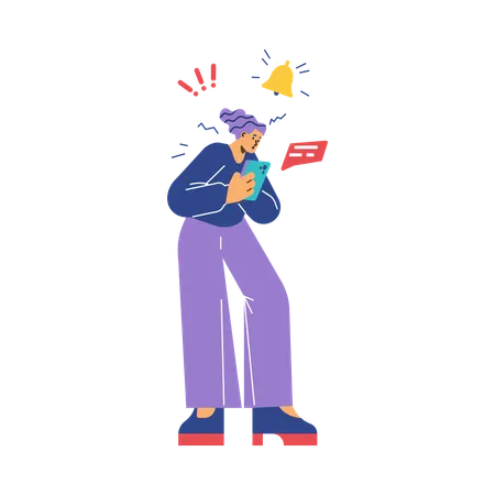 Stressed young girl holding mobile phone with many notifications  Illustration