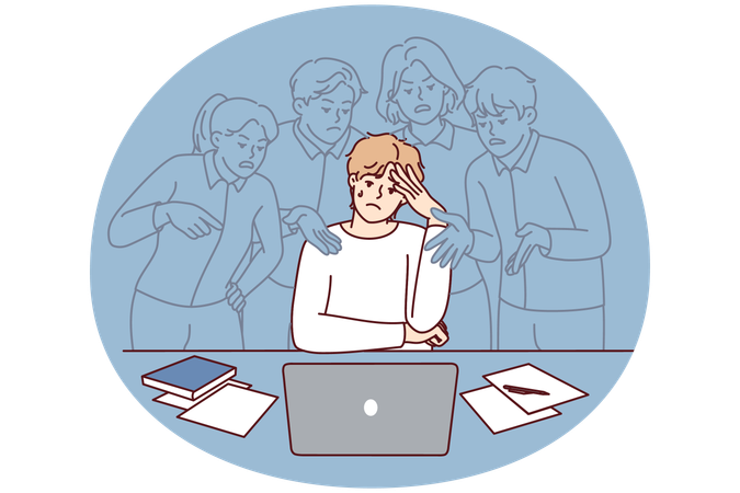 Stressed young man feel pressure by society opinion working on computer  Illustration