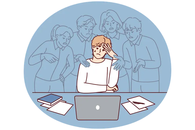 Stressed young man feel pressure by society opinion working on computer  Illustration