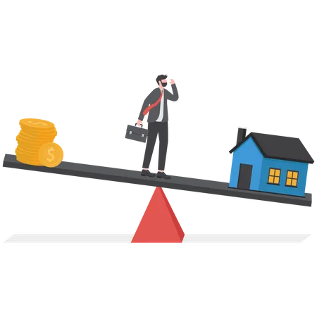 Stressful businessman standing on the unbalanced seesaw between income and housing expenses  Illustration