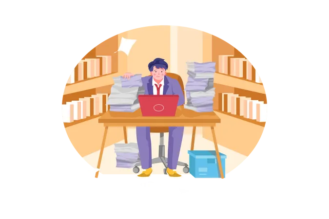 Stressful businessman with heavy workload papers  Illustration