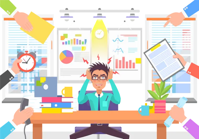 Stressful Man In Modern Office Colorful Banner Bright Room With Graphs And Charts Of Hands In Business Suits Holding Documents Clock And Phone Illustration