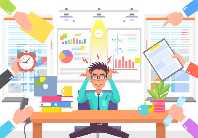 Stressful man in modern office  Illustration