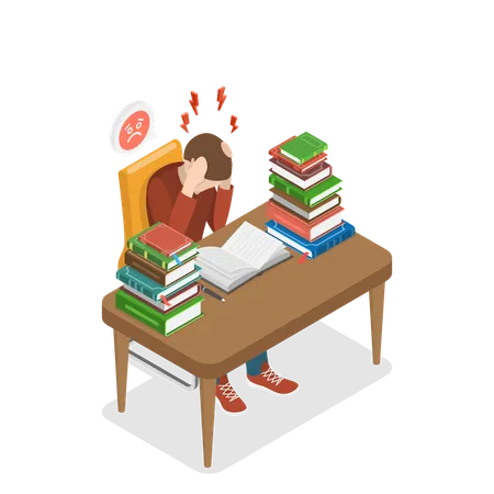 3 D Isometric Flat Vector Illustration Of Stressed Student Stressful Time In Study Process Illustration