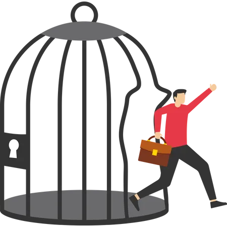 Strong ambitious entrepreneur bends bar and escapes from birdcage trap  Illustration