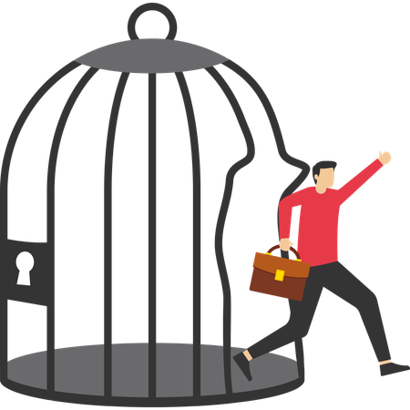 Strong ambitious entrepreneur bends bar and escapes from birdcage trap  Illustration